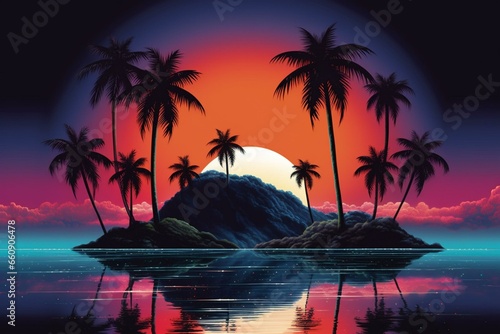Abstract seascape with a glowing circular neon feature, tropical island, palm trees, mirrored sky, ocean. Generative AI