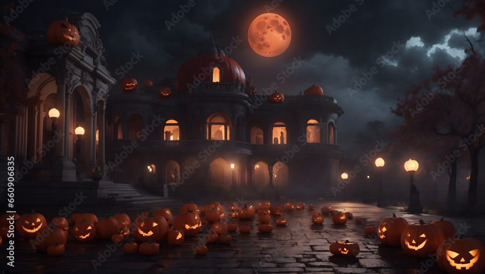 Halloween atmosphere, terrifying night, blood moon, terrifying palace with illuminated pumpkins, halloween night scene