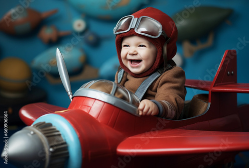 baby with pilot suit and toy plane smiling happily