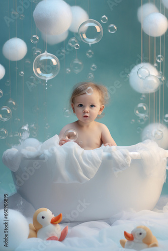 ิbaby playing in the water with a tub and soap bubbles, smiling happily.
