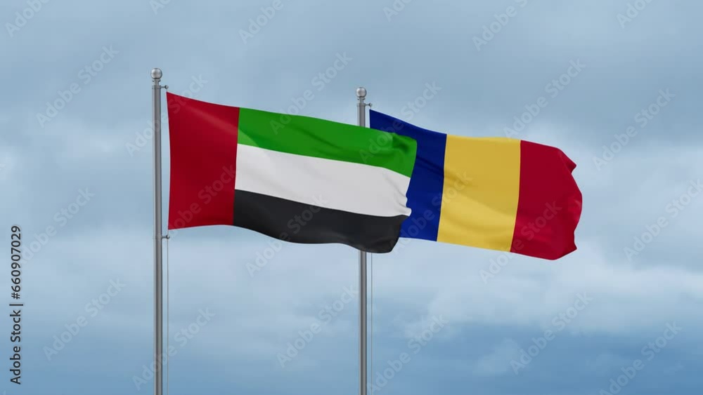 Romania and United Arab Emirates UAE flag waving together on cloudy sky, endless seamless loop, two country cooperation concept Romania and United Arab Emirates UAE flag waving together on cloudy sky, endless seamless loop, two country cooperation concept