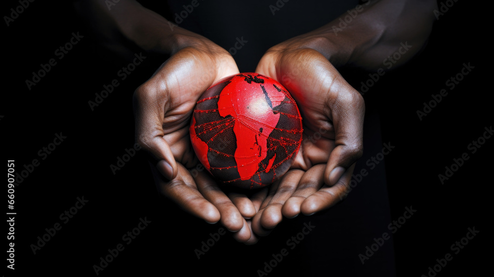 A red and black globe in the hands of a woman in close-up. - obrazy, fototapety, plakaty 