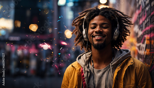 Young handsome african american man wearing headphones listening to music or podcast, smiling on colorful graffiti background street with  lights. Banner, header. Generative AI. ©  DigitalMerchant