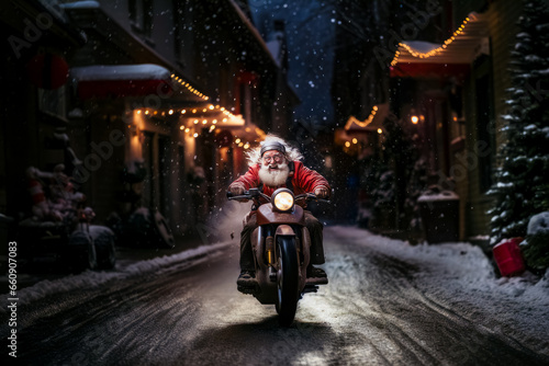 Santa Claus drives fast in motorcycle full of gifts on winter city road. delivery concept, sale © zamuruev