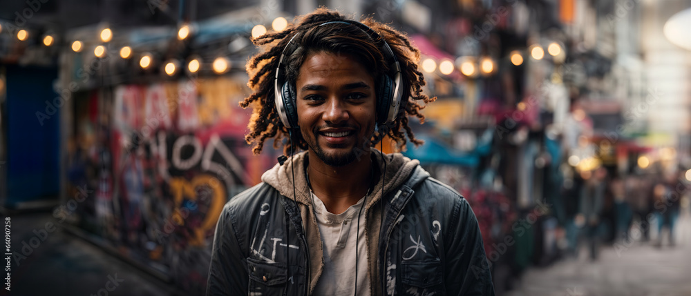 Young african american man wearing headphones listening to music or podcast, smiling on colorful graffiti background street with people and lights. Panoramic banner, header. Generative AI.