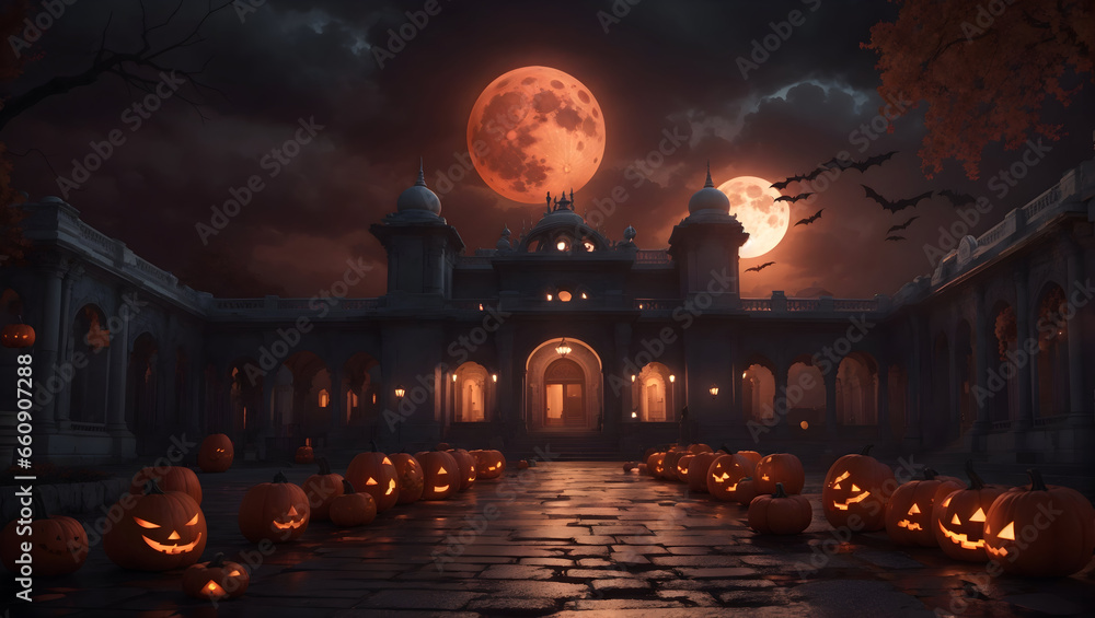 Halloween atmosphere, terrifying night, blood moon, terrifying palace with illuminated pumpkins