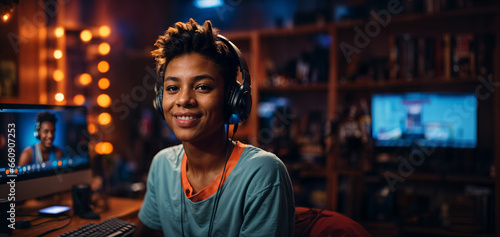 Young african american woman wearing headphones, poc in front of computer smiling in a room with lights at night. Online teacher, software engineer, twitch streamer. Panoramic banner. Generative AI.