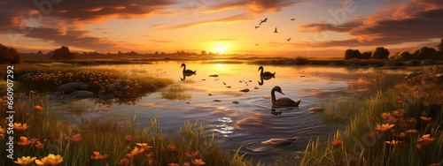 Serene wetland at sunset photo realistic illustration - Generative AI.