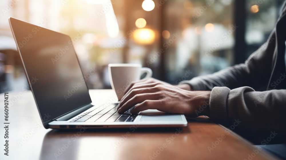Close up of a person typing on a laptop, blurred background Close up of a person typing on a laptop, blurred background