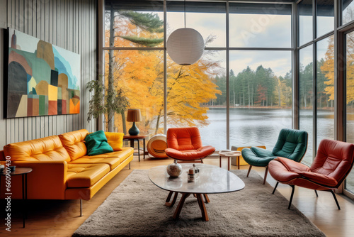 Cozy and colorful living room in a beautiful rustic cottage with big windows and views of the lake or river and forest, Scandinavian interior design