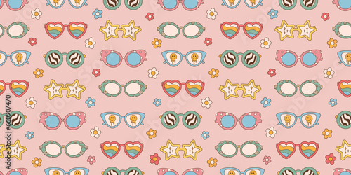 Sunglasses seamless pattern in retro groovy hippie style. Vector illustration 70s 80s