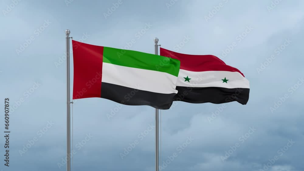 Syrian Arab Republic, Syria and United Arab Emirates UAE flag waving together on cloudy sky, endless seamless loop, two country cooperation concept Syrian Arab Republic, Syria and United Arab Emirates UAE flag waving together on cloudy sky, endless seamless loop, two country cooperation concept