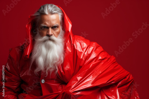 Handsome Santa Claus with an elegant white beard and mustache in fashioncostume on red background