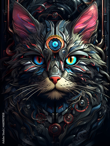 Sicence Fiction - A Cat With Colorful Eyes And A Metal Structure