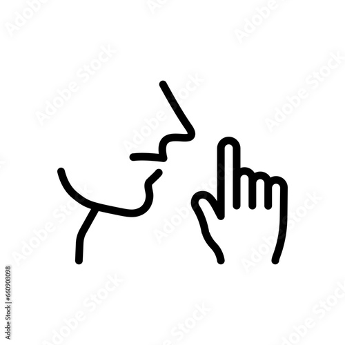 Finger near mouth icon. Outline, be quiet, shut your mouth icon, finger near your mouth. Vector icon