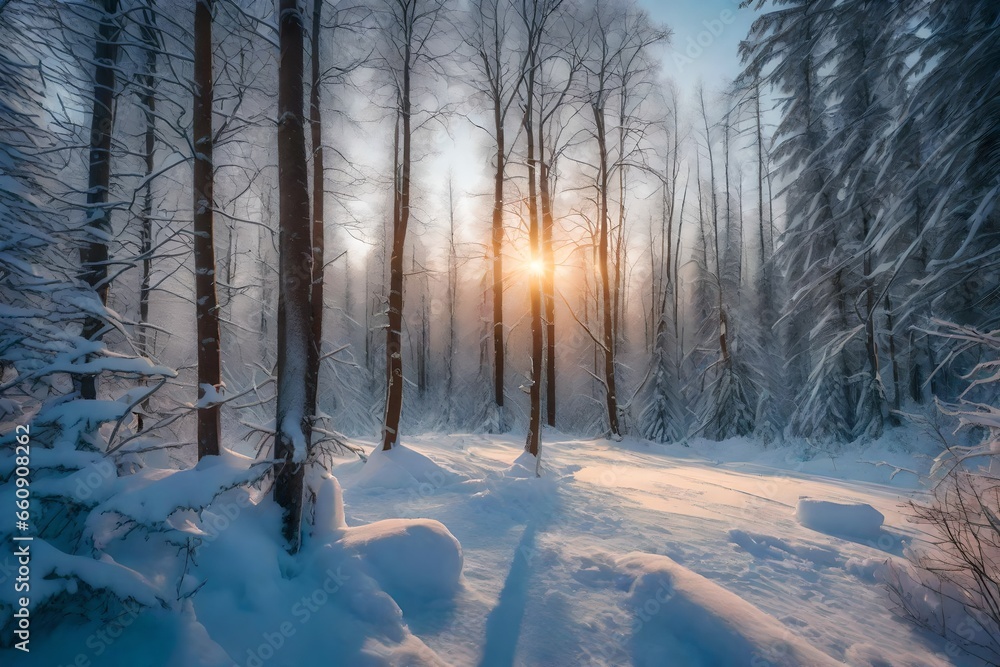 A card featuring a snowy forest at dawn. A card featuring a snowy forest at dawn.