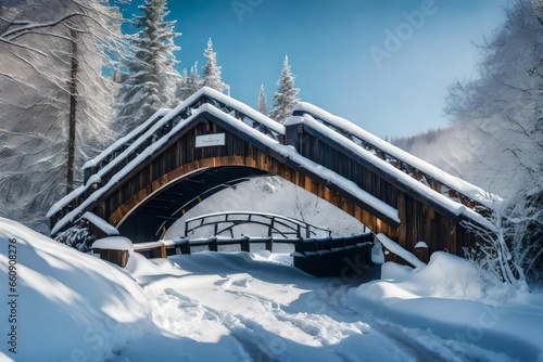 a card with a snow-covered bridge. photo