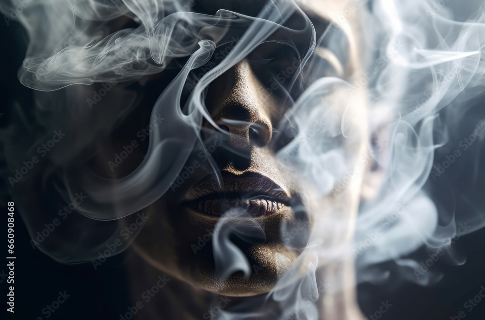 Fototapeta premium Smoke human ghostly face. Fashion person in dark fog smoke. Generate Ai