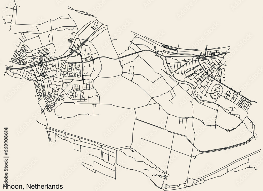 Detailed hand-drawn navigational urban street roads map of the Dutch city of RHOON, NETHERLANDS with solid road lines and name tag on vintage background