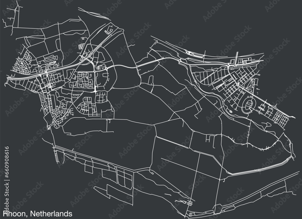 Detailed hand-drawn navigational urban street roads map of the Dutch city of RHOON, NETHERLANDS with solid road lines and name tag on vintage background