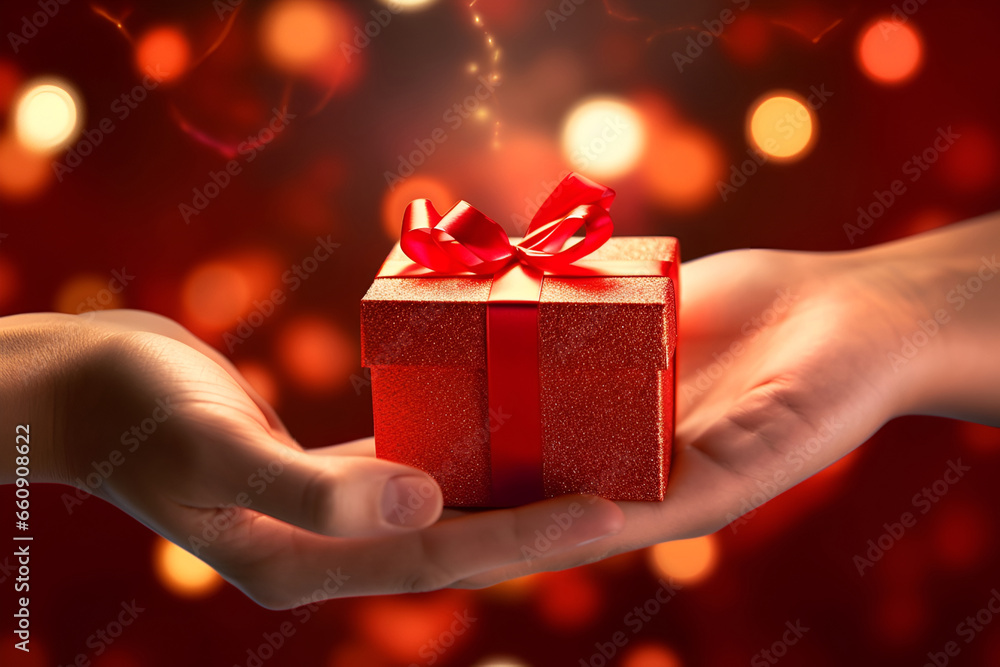 Gift box in hands on red background with bokeh Gift box in hands on red background with bokeh