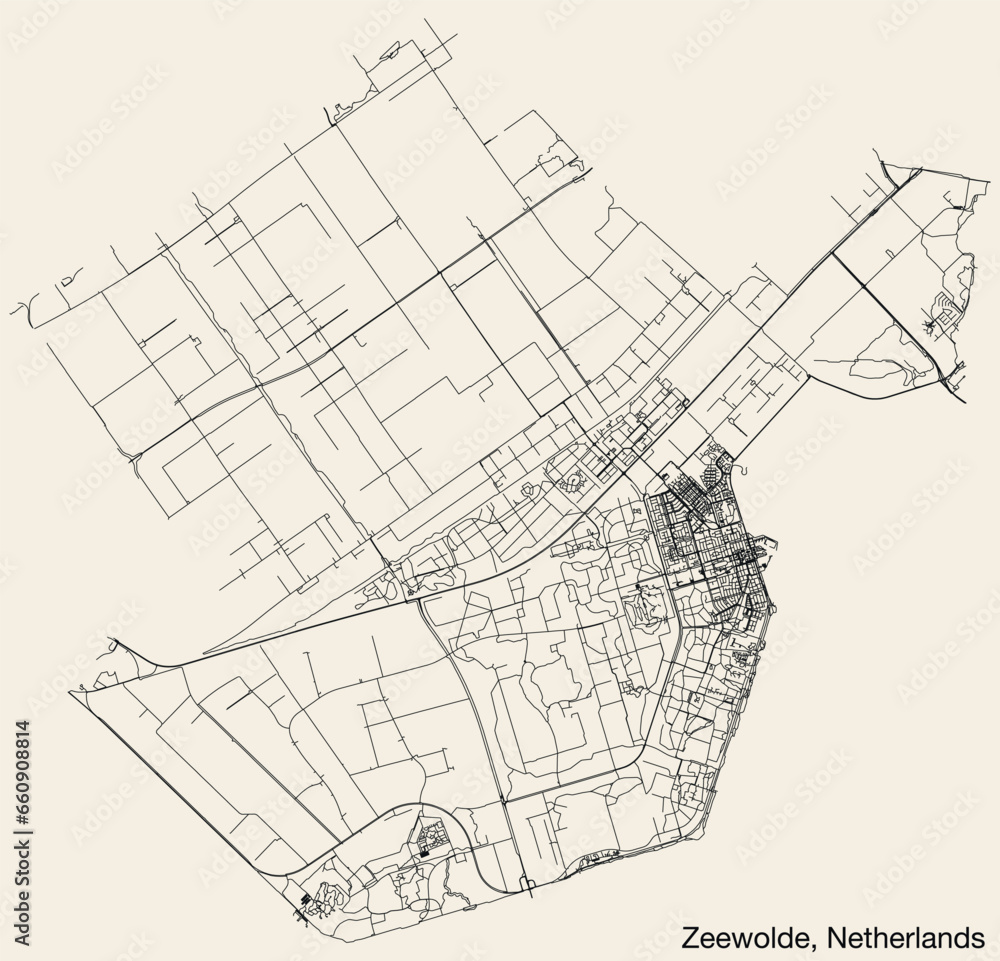 Fototapeta premium Detailed hand-drawn navigational urban street roads map of the Dutch city of ZEEWOLDE, NETHERLANDS with solid road lines and name tag on vintage background