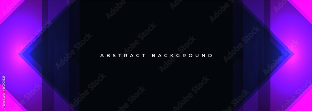 Black abstract background banner with glowing neon colored purple and pink geometric arrow shapes. Wide vector illustration Black abstract background banner with glowing neon colored purple and pink geometric arrow shapes. Wide vector illustration