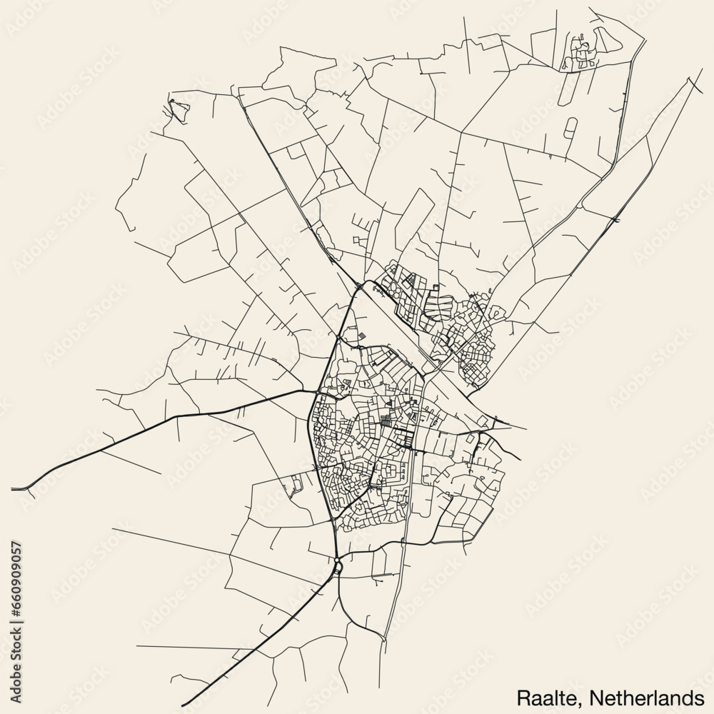 Detailed hand-drawn navigational urban street roads map of the Dutch city of RAALTE, NETHERLANDS with solid road lines and name tag on vintage background