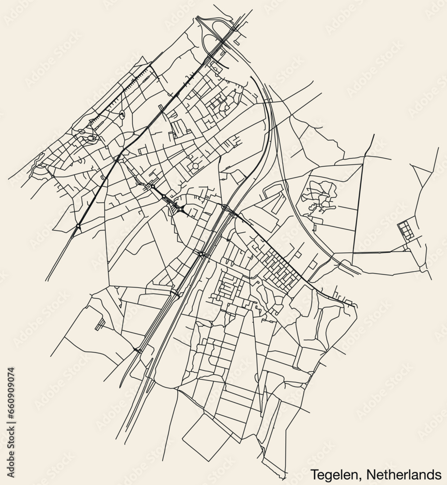 Detailed hand-drawn navigational urban street roads map of the Dutch city of TEGELEN, NETHERLANDS with solid road lines and name tag on vintage background
