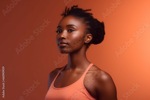 African woman studio photo in sport cloth. Posing female indoor with lovely looking. Generate Ai