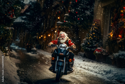 Santa Claus drives fast in motorcycle full of gifts on winter city road. delivery concept, sale