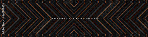 Black abstract wide horizontal banner background with orange and gray lines, arrows and angles texture. Vector illustration