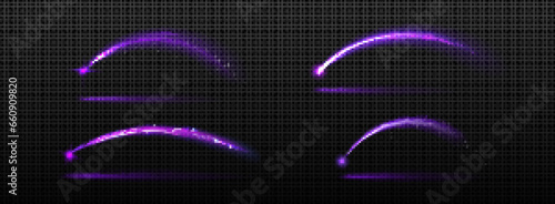Shooting star with purple glowing arc burst track. Realistic vector illustration of curved luminous trail with sparkle particles. Neon flying meteor with twinkle line, glitter and overlay effect.