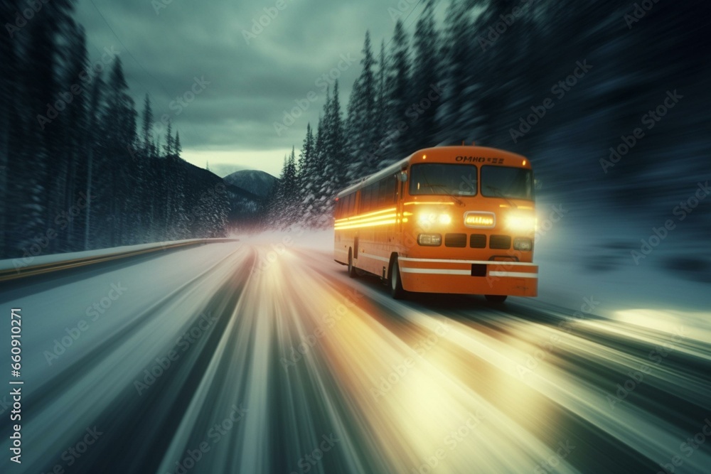 High-speed vehicle speeding on snowy road. Generative AI