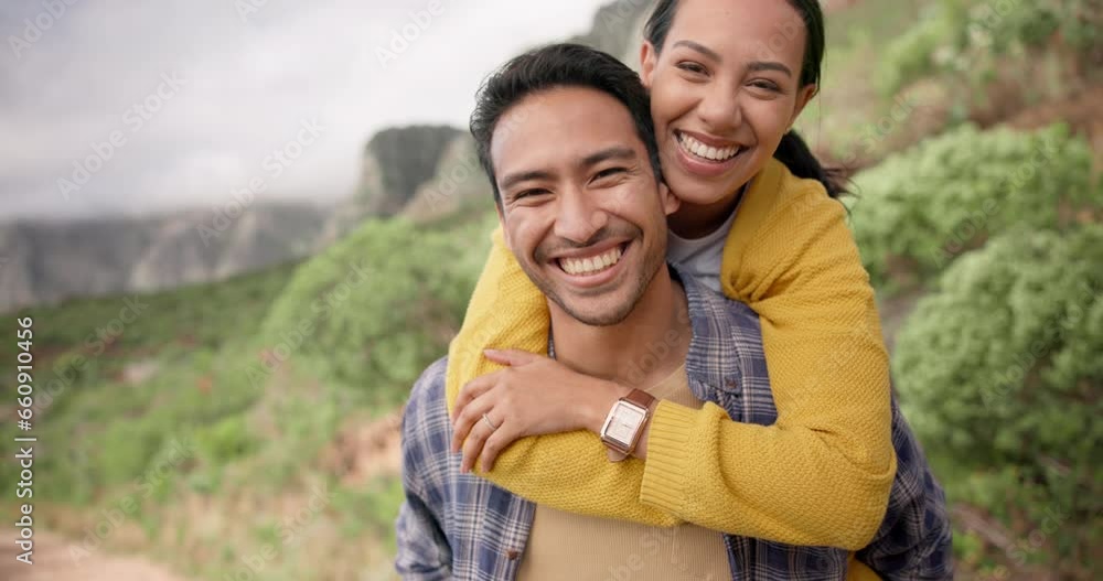 Piggy back, hiking and face of couple on mountain for trekking, adventure and journey in nature. Travel, dating and portrait of happy man carrying woman outdoors for holiday, vacation and wellness Piggy back, hiking and face of couple on mountain for trekking, adventure and journey in nature. Travel, dating and portrait of happy man carrying woman outdoors for holiday, vacation and wellness