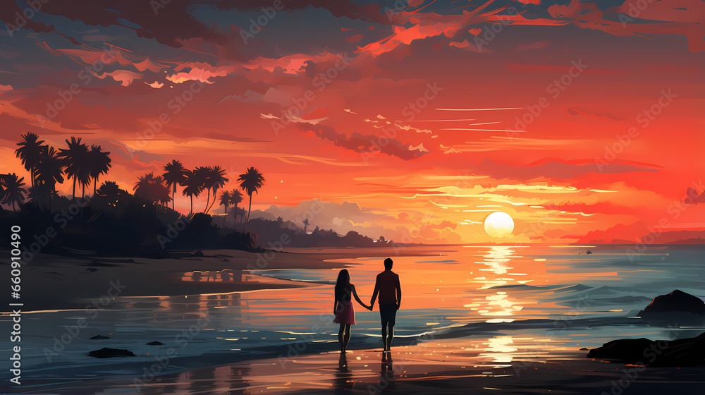 Vacation - A Man And Woman Holding Hands On A Beach At Sunset