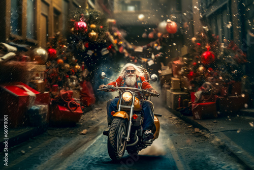 Santa Claus drives fast in motorcycle full of gifts on winter city road. delivery concept, sale