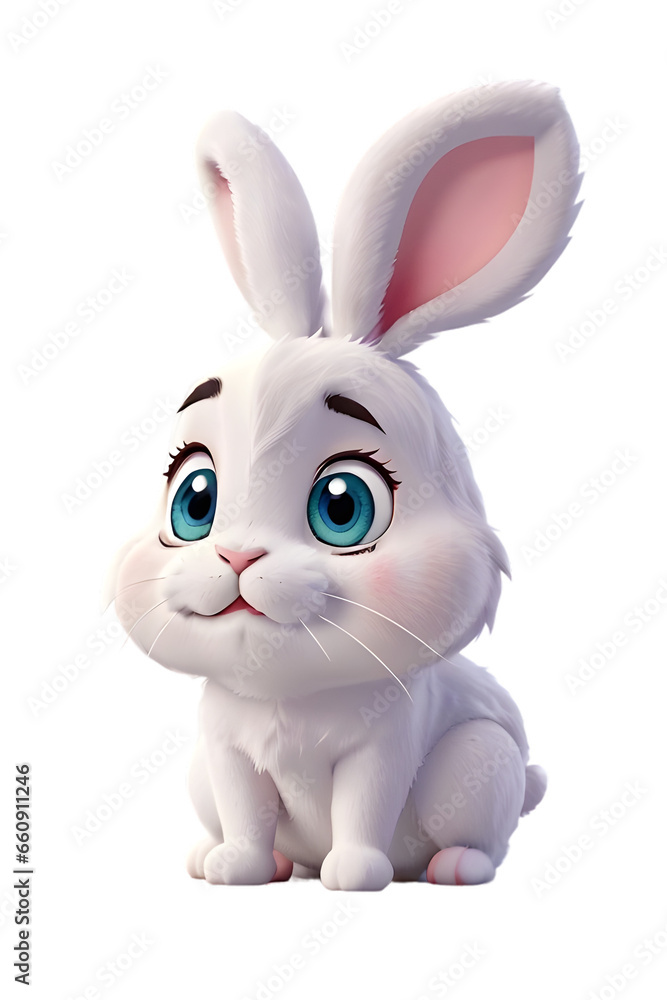 3d cartoon white rabbit, 3D cartoon animal toy character isolated on transparent png 