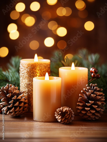 A beautiful background of candles decorated in the Christmas night with beautiful light and bokeh
