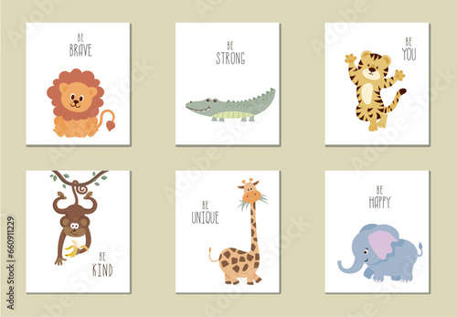 Vector Safari Set of cute 6 posters with lions crocodile tiger monkey giraffe and elephant  Kids design for birthday invitation, poster, clothing, nursery wall art
