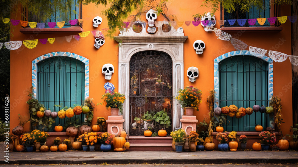 Halloween decoration with pumpkins and skulls on the facade of the house generativa IA