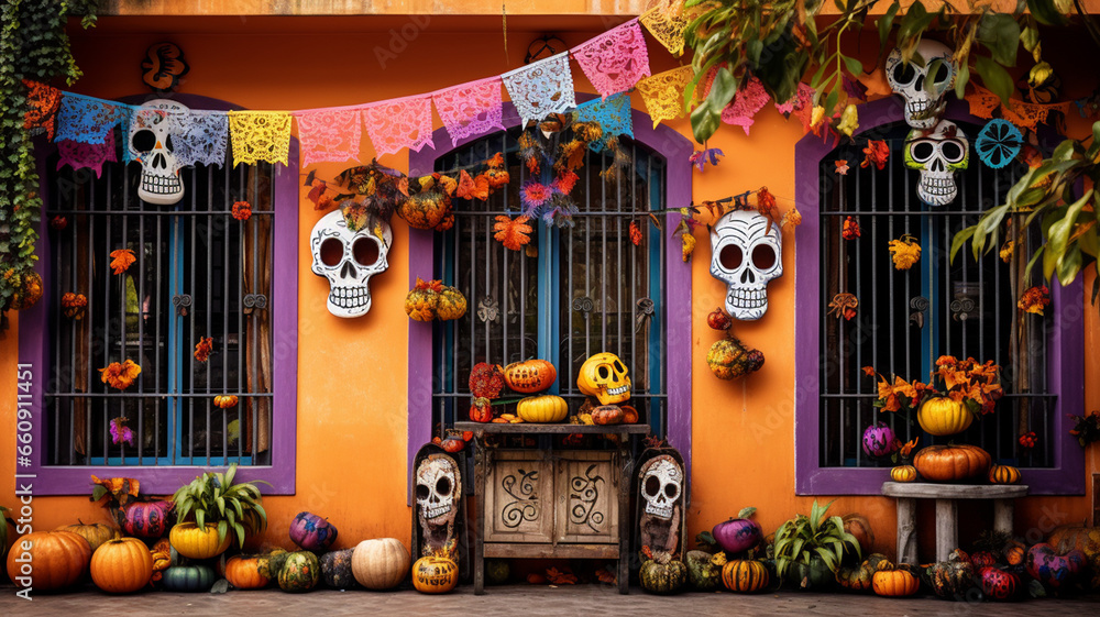 Day of the Dead. Halloween decorations on the streets of Mexico. generativa IA
