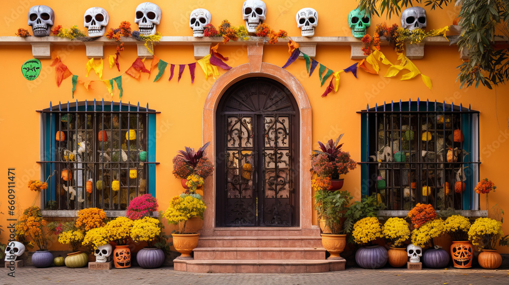 Halloween decoration with pumpkins and skulls on the orange wall. generativa IA
