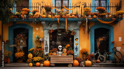 Halloween decoration with pumpkins and skulls in front of the house generativa IA © Victor