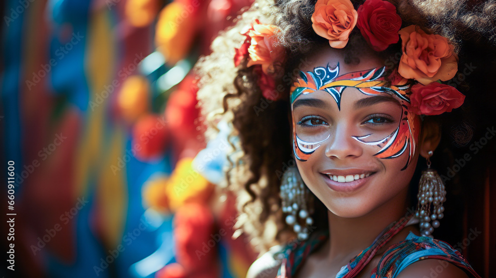Inspiring gaze of a resilient girl from a Latin American favela in vibrant traditional dress against a lively mural. Inspiring gaze of a resilient girl from a Latin American favela in vibrant traditional dress against a lively mural.