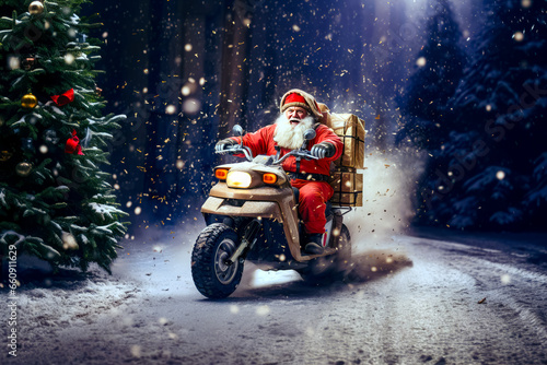 Santa Claus drives fast in motorcycle full of gifts on winter road. delivery concept, sale © zamuruev