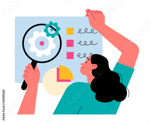 The woman scrutinizes the document