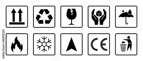 Common packaging & warning symbol set. Black & white flat style icons with frame & outline. Isolated on transparent. Fragile, recycle, Handle with care, This side up, Indoor use only. photo