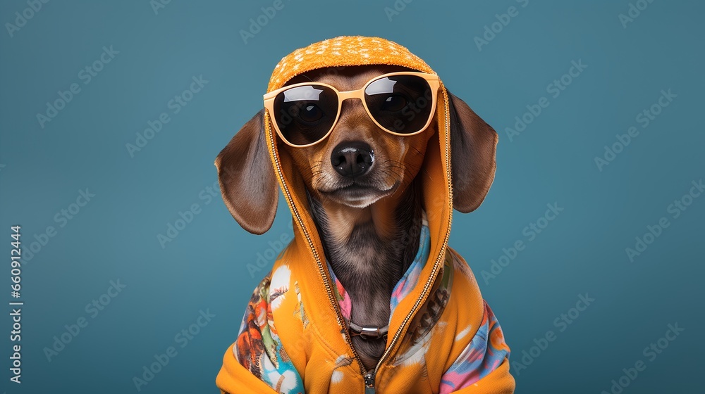 Dog in suit. Pet is dressed up in humorous, stylish suit complete with a tie for intellectual look. Trendy dog clothing for Funny humor. Dog with glasses and colorful costume. - obrazy, fototapety, plakaty 