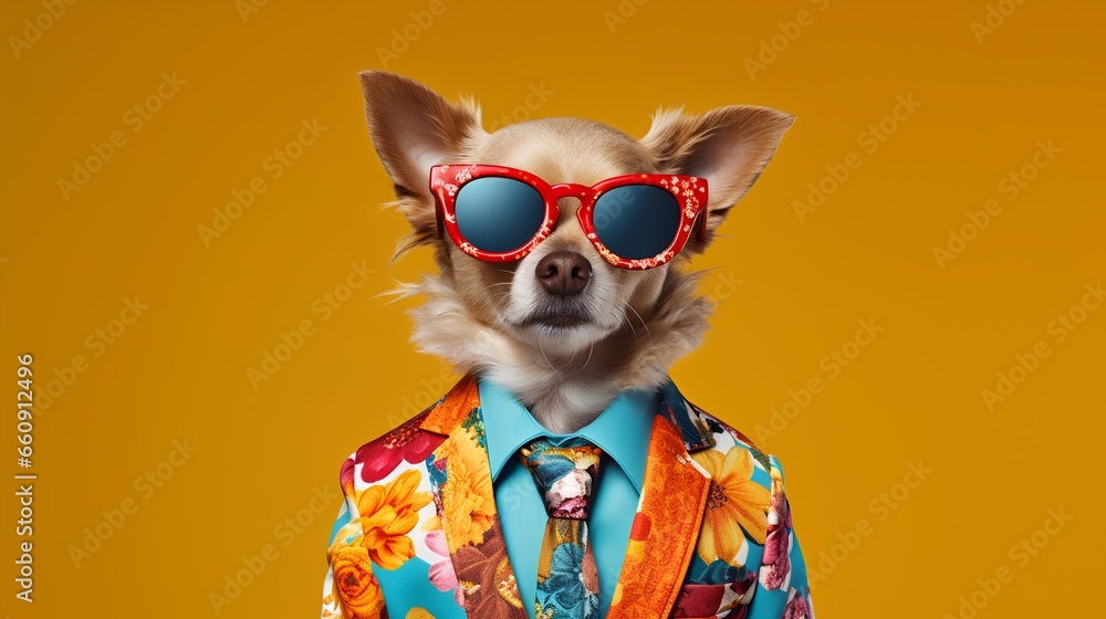 Dog in suit. Pet is dressed up in humorous, stylish suit complete with a tie for intellectual look. Trendy dog clothing for Funny humor. Dog with glasses and colorful costume. Dog in suit. Pet is dressed up in humorous, stylish suit complete with a tie for intellectual look. Trendy dog clothing for Funny humor. Dog with glasses and colorful costume.